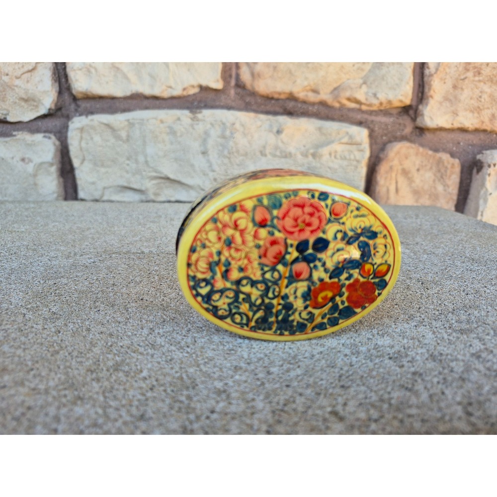 Vintage Kashmiri Hand Painted Trinket Box‎ Floral Papier Mache Jewelry Box India